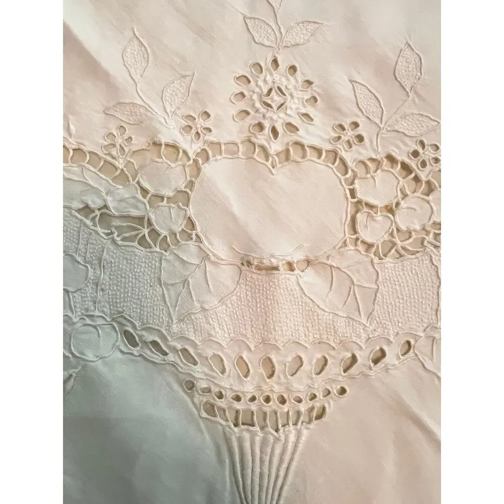 vintage cut thread work embroidery cotton white tablecloth or bed cover